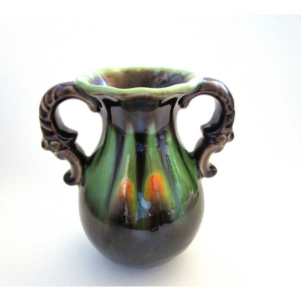 Studio Art Pottery Drip Glaze Vase Brown Green Yellow two handles signed 1110 12